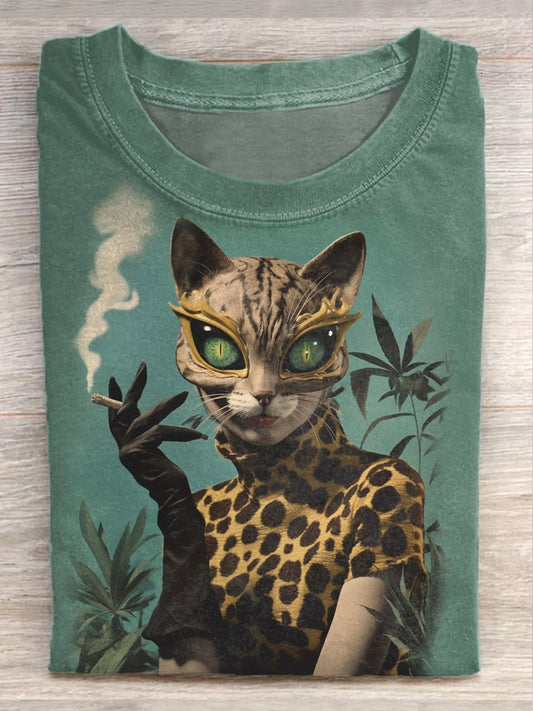 Retro Funny Cat Illustration Print Casual Short Sleeve T-Shirt