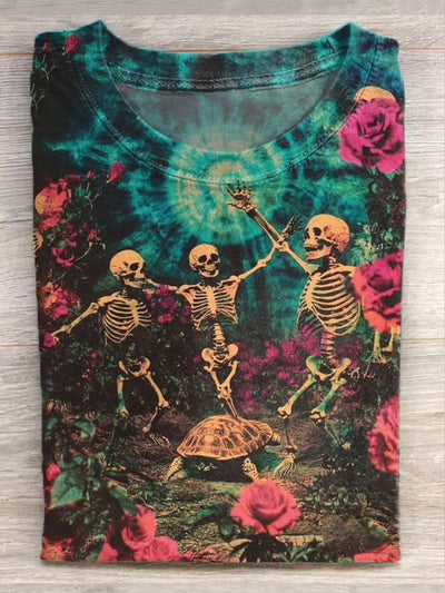 Retro Hippie Skull Illustration Print Casual Short Sleeve T-Shirt