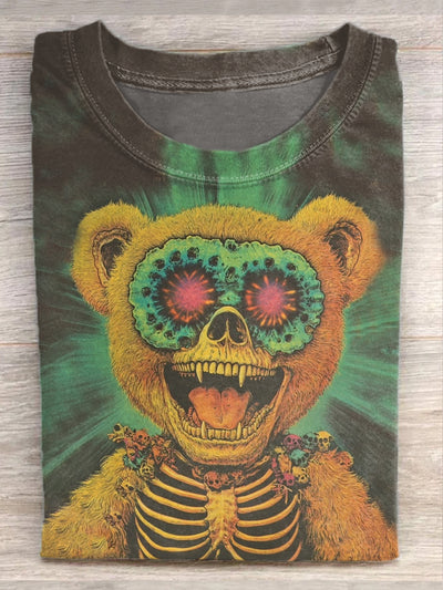 Retro Hippie Bear Illustration Print Casual Short Sleeve T-Shirt
