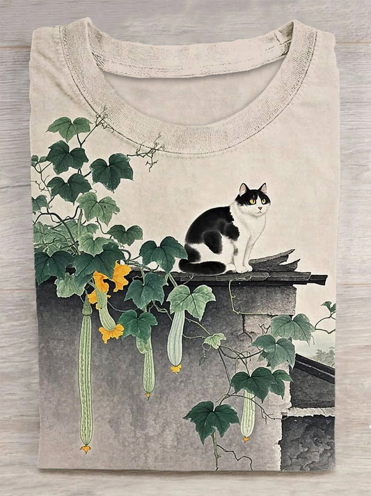 Unisex Cat Printed Vintage Fashion Loose Short Sleeve T-Shirt