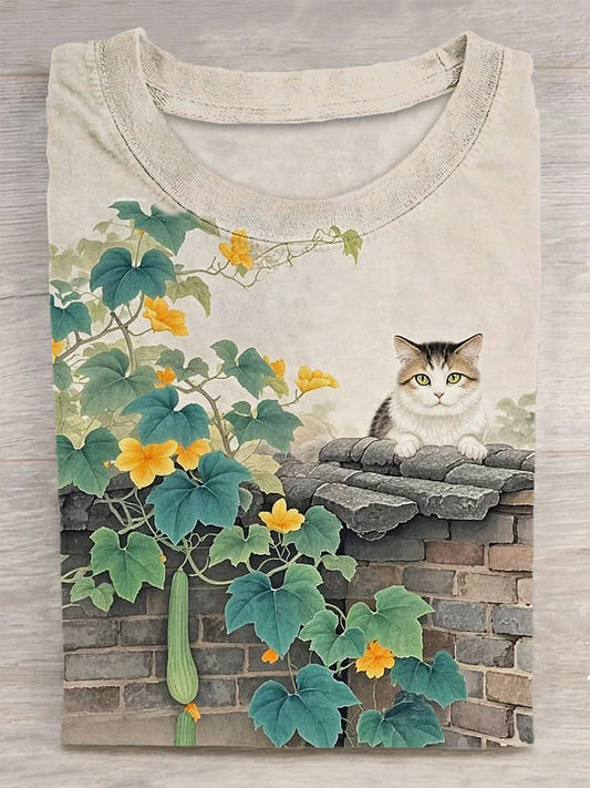 Unisex Cat Printed Vintage Fashion Loose Short Sleeve T-Shirt