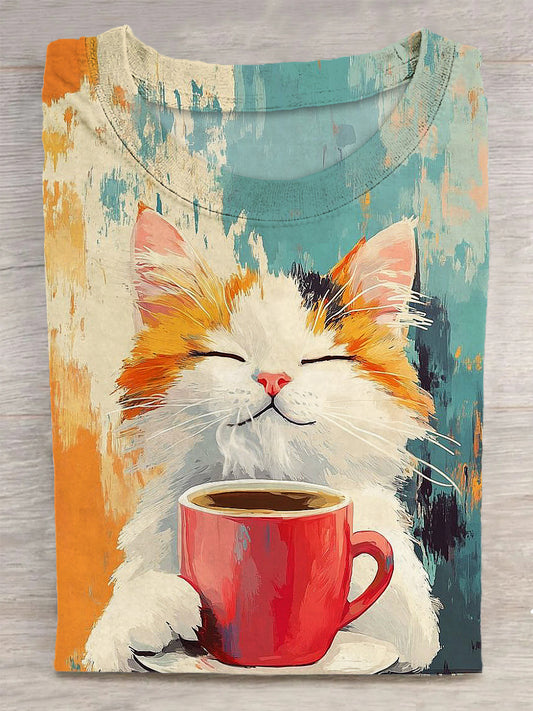 Unisex Cute Cat Printed Vintage Fashion Loose Short Sleeve T-Shirt