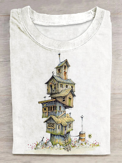 Unisex Interesting House Printed Vintage Fashion Loose Short Sleeve T-Shirt