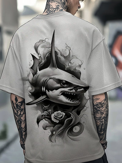 Retro Shark Illustration Printed Casual Cotton Short Sleeve T-Shirt