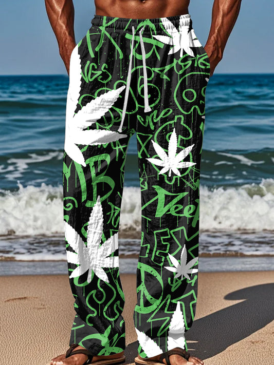 Stylish Graffiti Cannabis Leaf Print Casual Pants