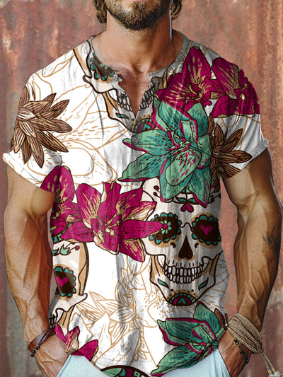 Retro Fashion Graffiti Print Casual Three Button Short Sleeve T-Shirt