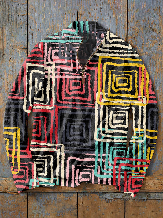 Retro Fashion Texture Print Casual Zipper Sweatshirt
