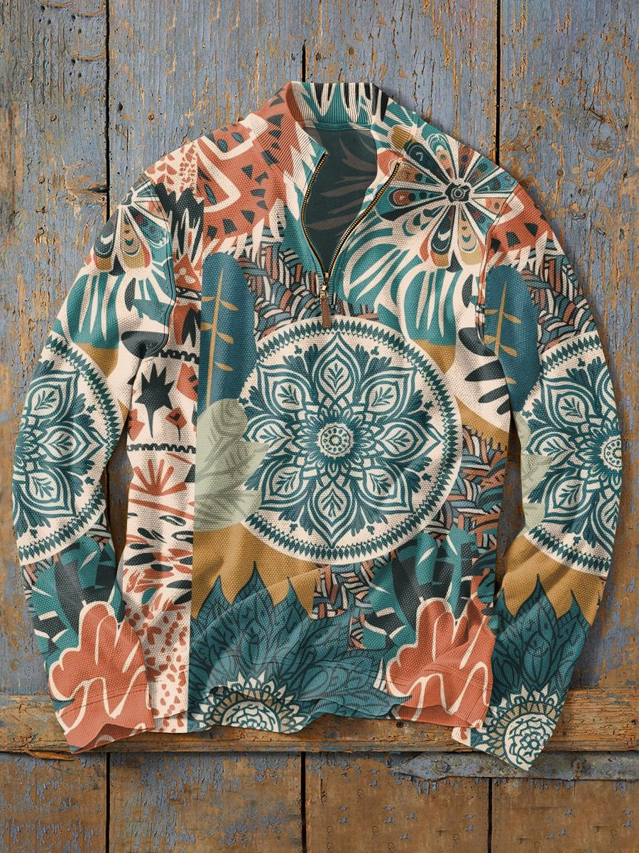 Retro Fashion Texture Print Casual Zipper Sweatshirt