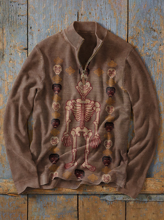Retro Fashion Texture Print Casual Zipper Sweatshirt