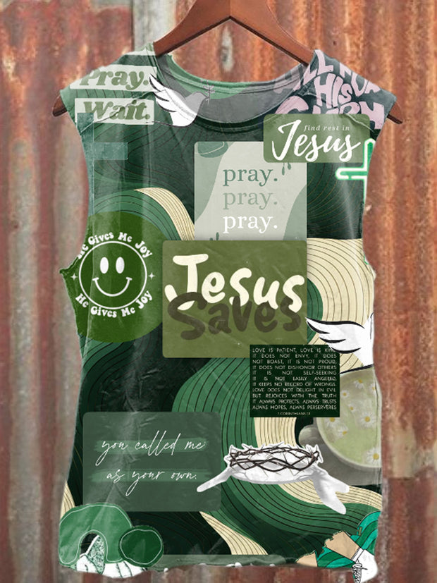 Retro Funny Jesus Illustration Printed Casual Tank Top