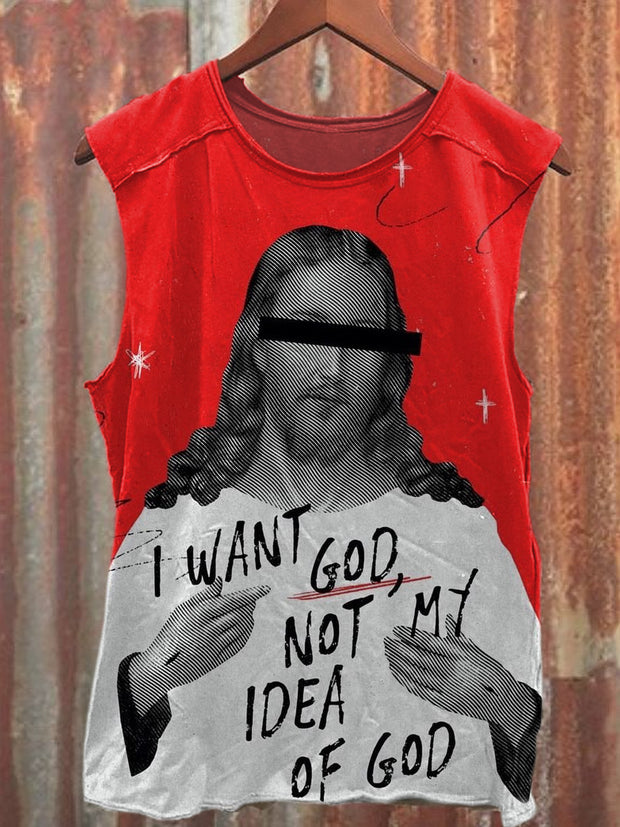 Retro Funny Jesus Illustration Printed Casual Tank Top