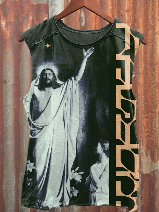 Retro Funny Jesus Illustration Printed Casual Tank Top