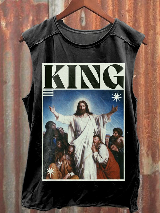 Retro Funny Jesus Illustration Printed Casual Tank Top
