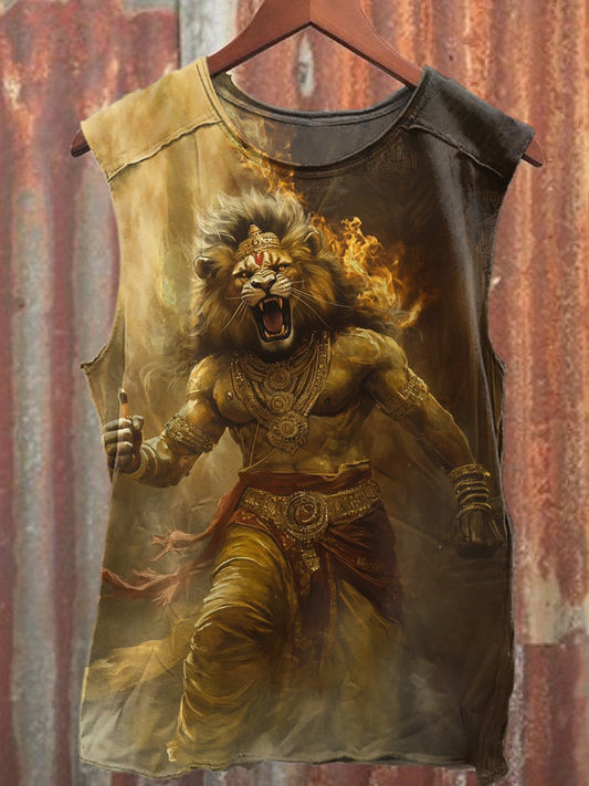 Retro Ferocious Lion Art Print Casual Cotton Tank Top