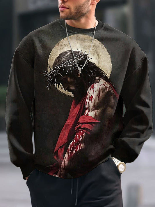 Men's Vintage Jesus Print Crew Neck Casual Sweatshit
