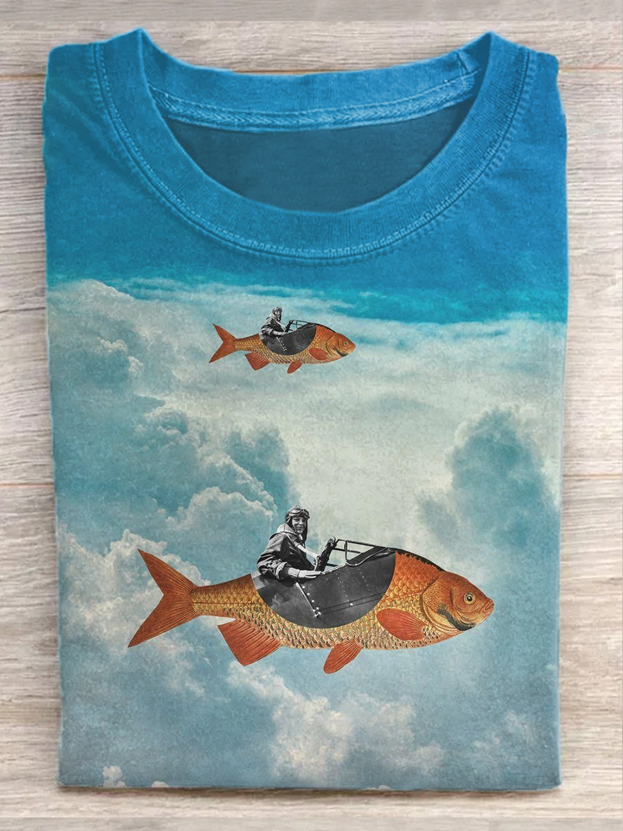Funny Fish Illustration Art Print Casual T-Shirt