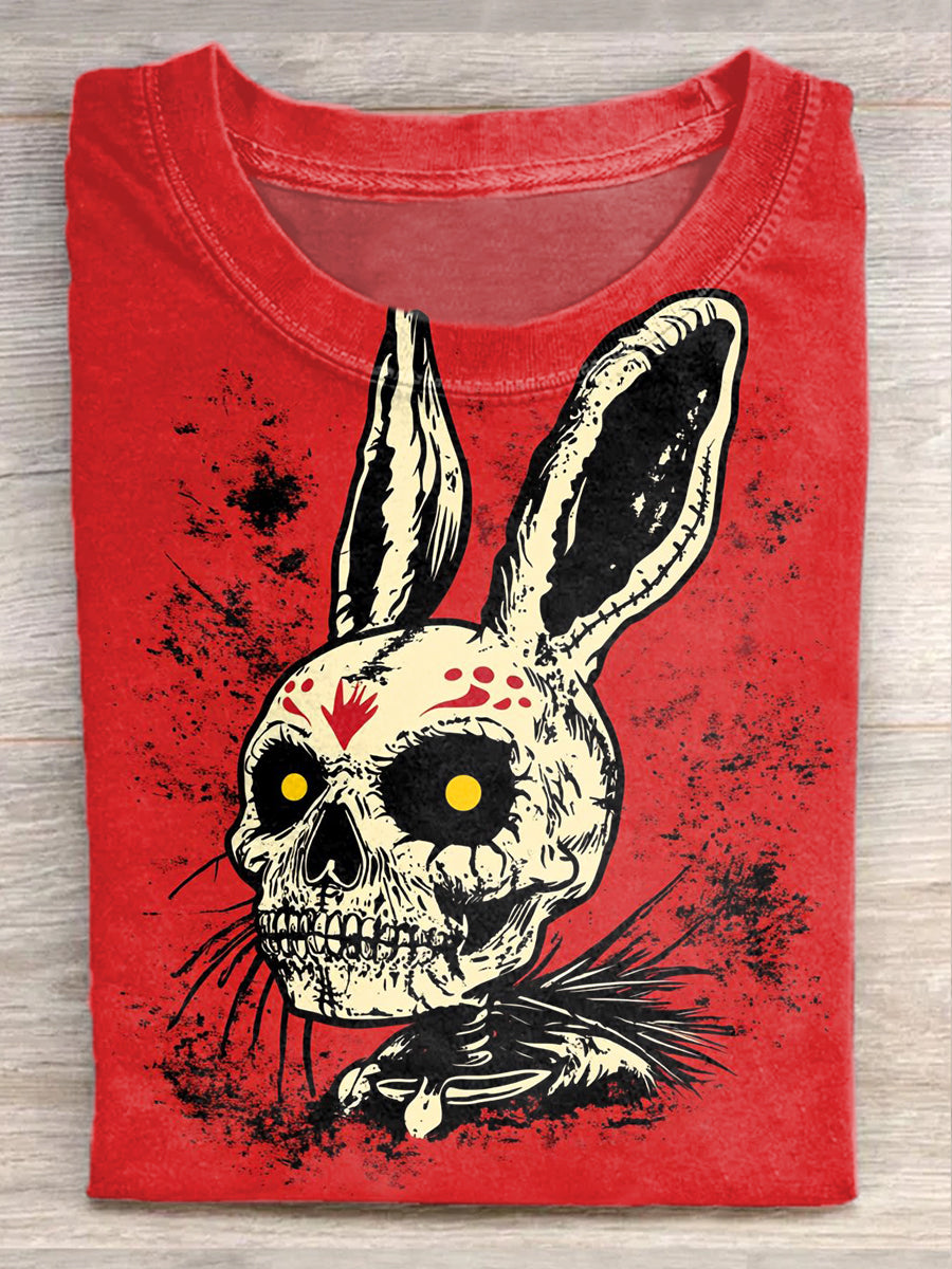 Fashion Easter Bloody Bunny Illustration Art Print Casual Short Sleeve T-Shirt