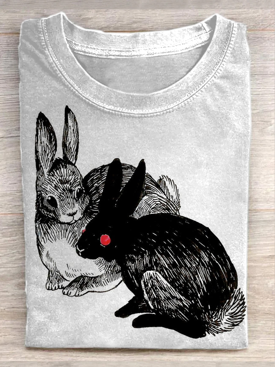 Fashion Easter Bloody Bunny Illustration Art Print Casual Short Sleeve T-Shirt