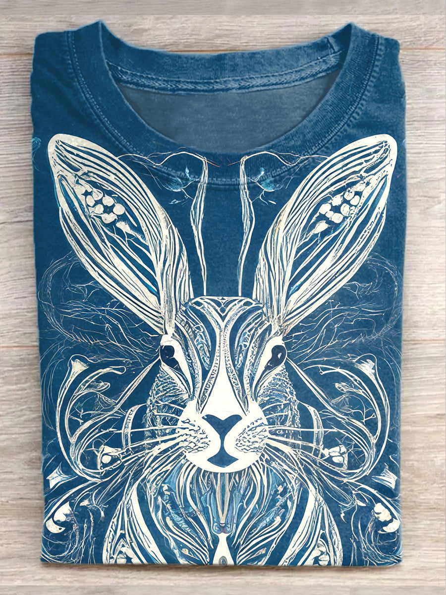 Fashion Easter Bunny Illustration Art Print Casual Short Sleeve T-Shirt