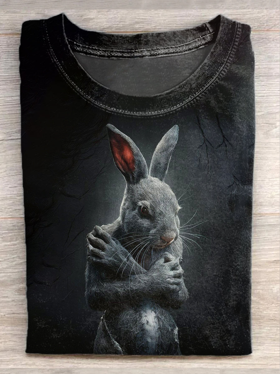 Fashion Easter Bloody Bunny Illustration Art Print Casual Short Sleeve T-Shirt