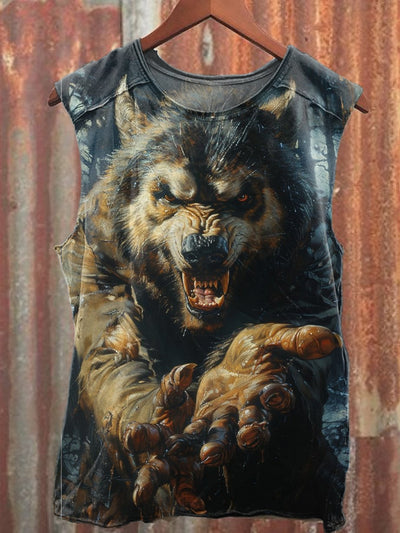 Retro Ferocious Wolf Illustration Art Print Casual Cotton Tank Top