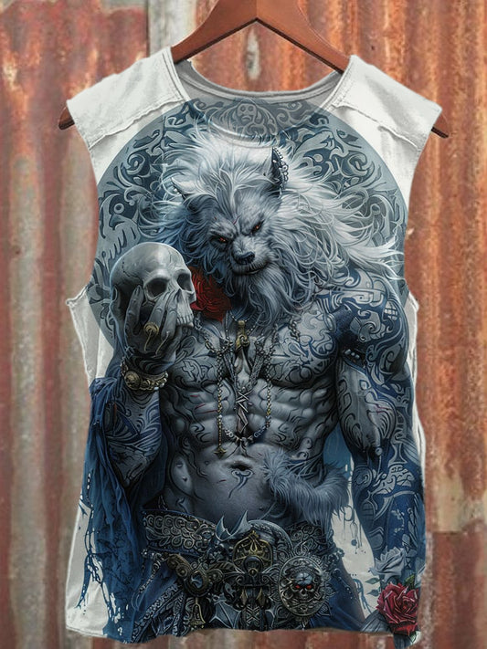 Retro Ferocious Wolf Illustration Art Print Casual Cotton Tank Top