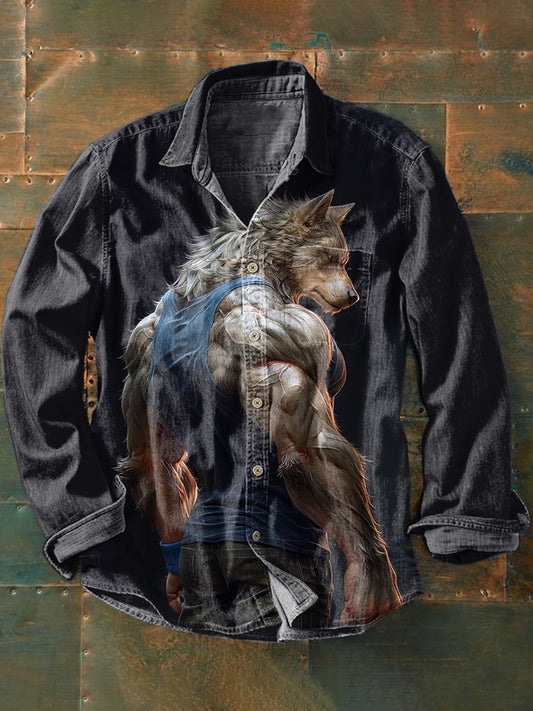 Retro Wolf Warrior Art Illustration Print Casual Long Sleeve Shirt