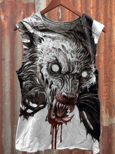 Retro Vampire Wolf Illustration Printed Casual Cotton Tank Top