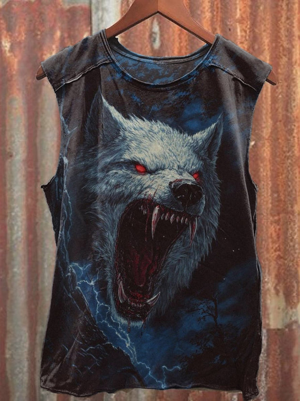 Retro Vampire Wolf Illustration Printed Casual Cotton Tank Top
