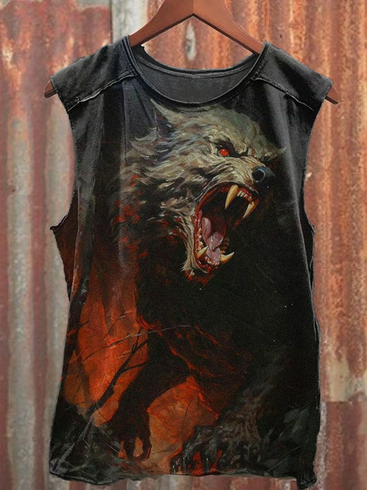 Retro Vampire Wolf Illustration Printed Casual Cotton Tank Top