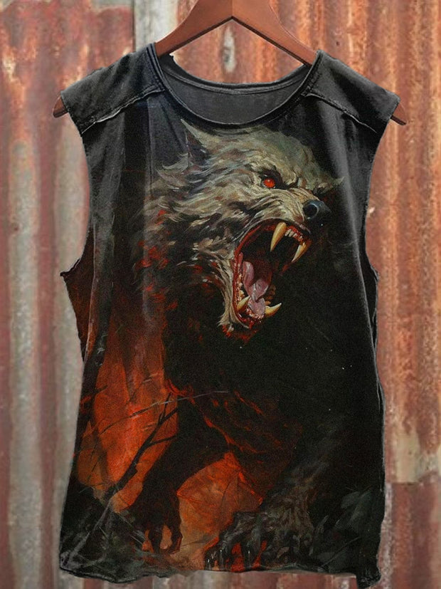 Retro Vampire Wolf Illustration Printed Casual Cotton Tank Top