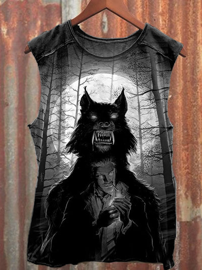 Retro Scary Wolf Art Print Casual Cotton Tank Top