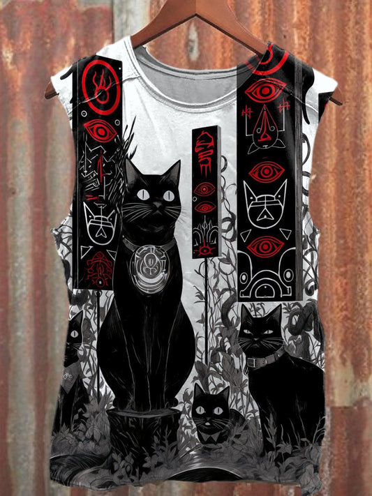 Retro Graffiti Cat Art Print Casual Cotton Tank Top