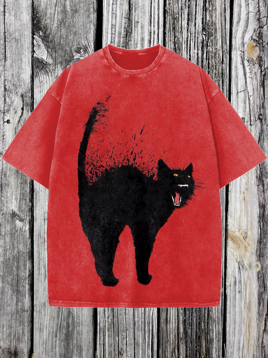 Cat Printed Vintage Fashion Loose Short Sleeve  T-Shirt