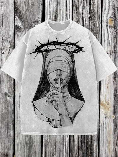 Dark Nun Printed Vintage Fashion Loose Short Sleeve  T-Shirt