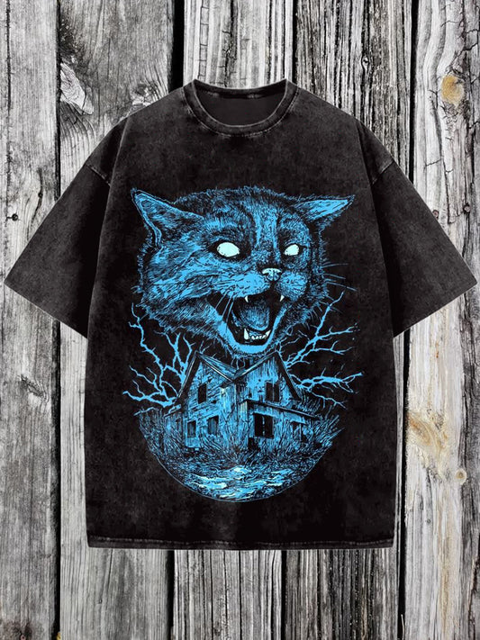 Dark Cat Printed Vintage Fashion Loose Short Sleeve  T-Shirt