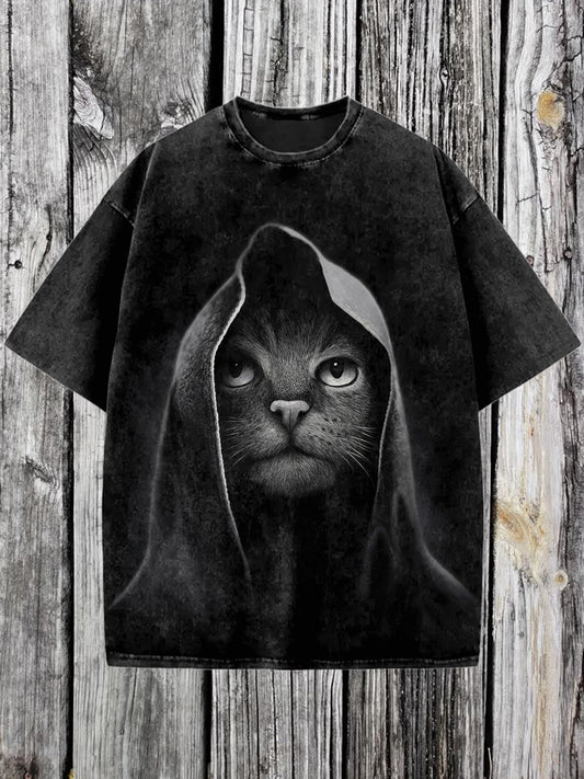 Dark Cat Printed Vintage Fashion Loose Short Sleeve  T-Shirt