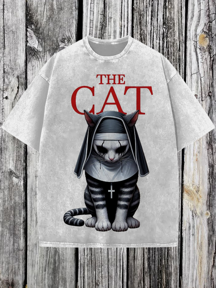 Religion Cat Printed Vintage Fashion Loose Short Sleeve  T-Shirt