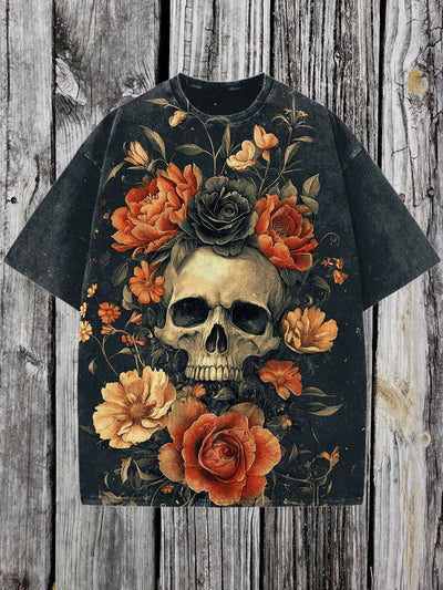 Skull Printed Vintage Fashion Loose Short Sleeve  T-Shirt