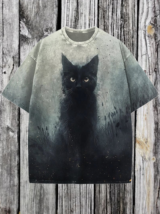 Cat Printed Vintage Fashion Loose Short Sleeve  T-Shirt