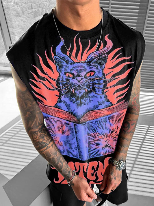Fashionable Folk Cat Art Printed Casual Cotton Tank Top