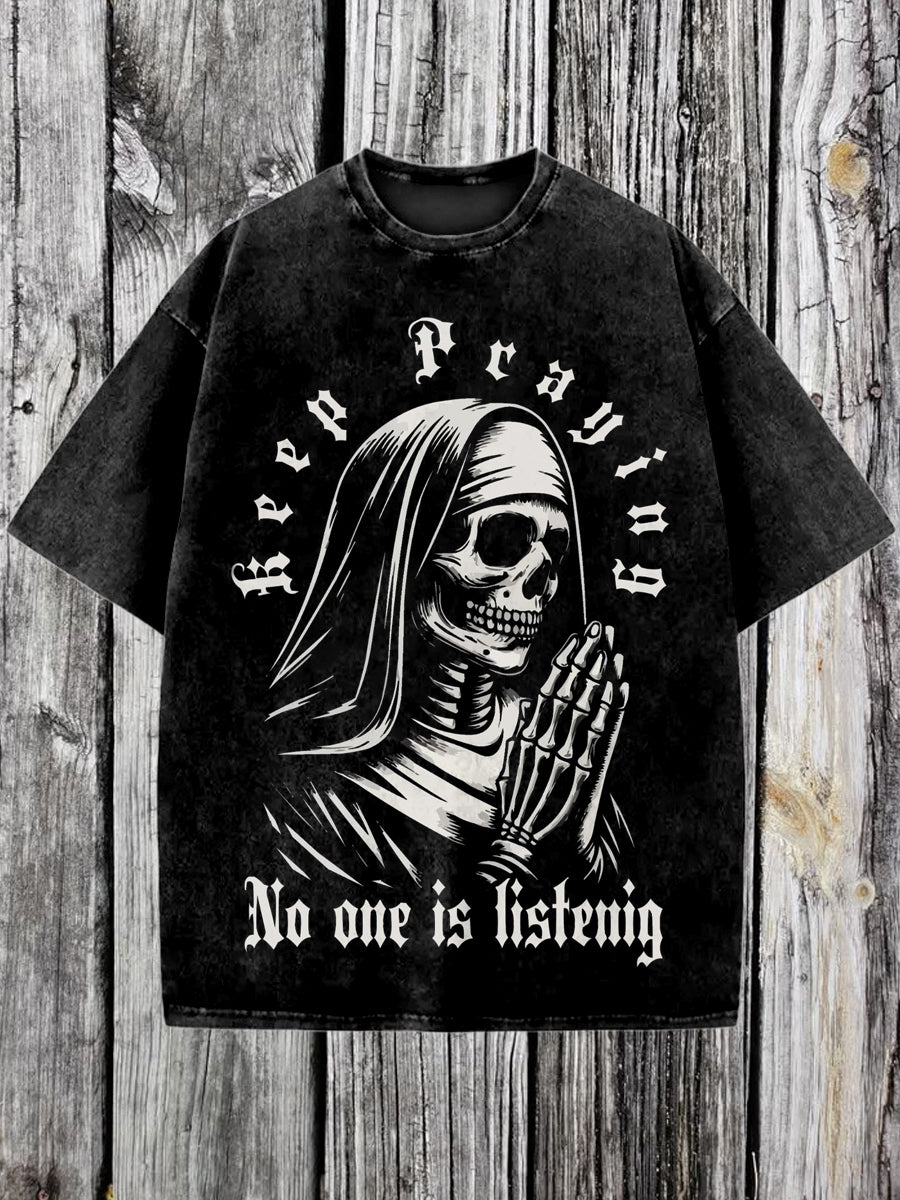 Skeleton Sister Printed Vintage Fashion Loose Short Sleeve  T-Shirt