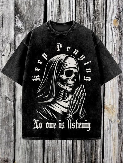 Skeleton Sister Printed Vintage Fashion Loose Short Sleeve  T-Shirt
