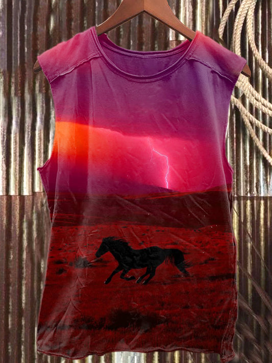 Retro Fashion Texture Dark Horse Art Illustration Printed Casual Cotton Tank Top