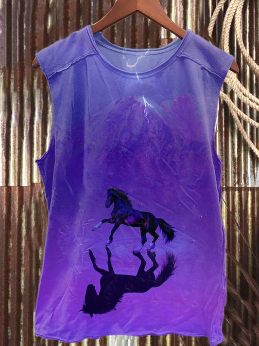 Retro Fashion Texture Dark Horse Art Illustration Printed Casual Cotton Tank Top