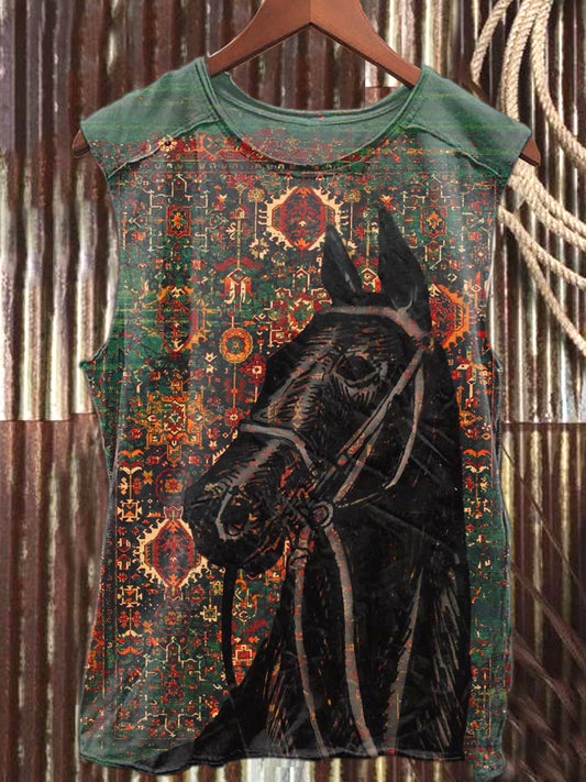 Retro Fashion Texture Dark Horse Art Illustration Printed Casual Cotton Tank Top