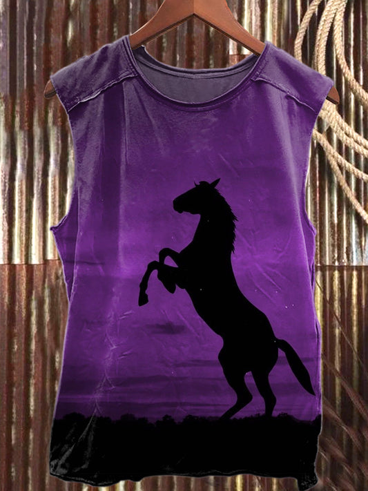 Retro Fashion Black Horse Art Print Cotton Tank Top