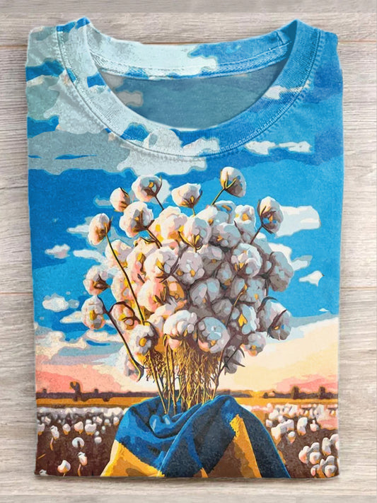Blue And Yellow Peace Art Print Crew Neck T-Shirt