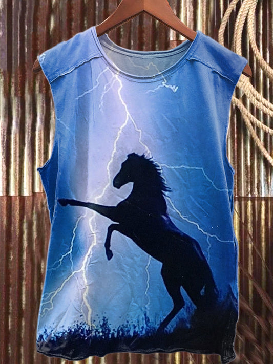 Retro Fashion Black Horse Art Print Cotton Tank Top