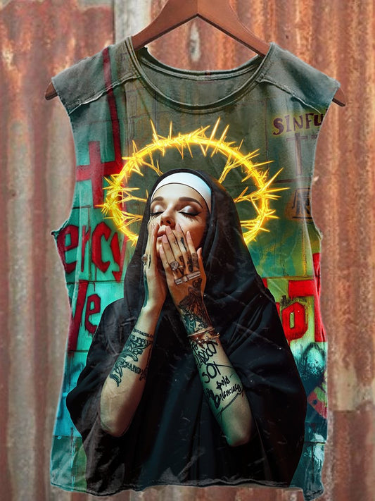 Vintage Mystic Nun Art Print Casual Cotton Tank Top